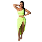 Summer Women Two Piece Set Sexy One Shoulder Sleeveless Crop Top and High Waist Side Slit Pleated Skirt Matching Lady Streetwear