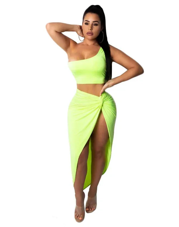 Summer Women Two Piece Set Sexy One Shoulder Sleeveless Crop Top and High Waist Side Slit Pleated Skirt Matching Lady Streetwear