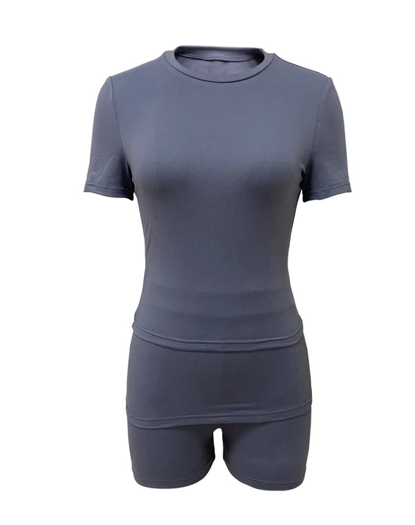 Summer 2 Piece Set Women's Tracksuit Solid Color Round Neck Short Sleeve Slim T-Shirt and Shorts Suit Sports Gym Two Piece Sets
