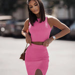 Summer Two Piece Dresses Sets Women Skirt Suit Streetwear Sexy Slim Crop Tops Long Split Skirt Dress Tank Vest Camis With Skirt
