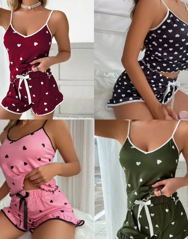 Two Piece Set Ladies Summer Ice Silk Camisole Shorts Pajamas Women's Fashion Soft Sexy Cute Floral Elastic Suspenders Homewear