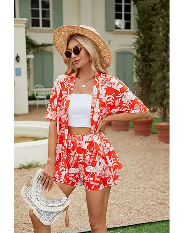 2024 Summer Casual Shirt Two Piece Set For Women Shorts 2 Piece Sets Outfit Print  Short Sleeve Short Sets Outfits Home Sets