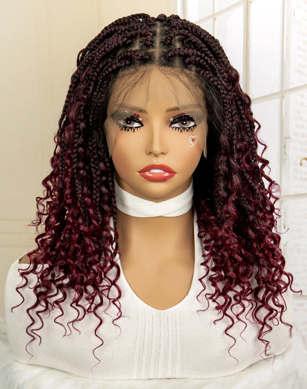 14 Inches Short Burgundy Box Braided Wigs Full Lace Synthetic Boho Braids