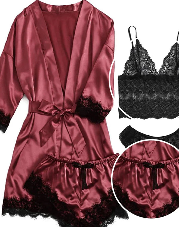 Summer 4 Piece Set of Women's Lace Underwear Paired with Pajama Waistband Outer Robesexy Pajama Lace Patchwork Home Pajama Set