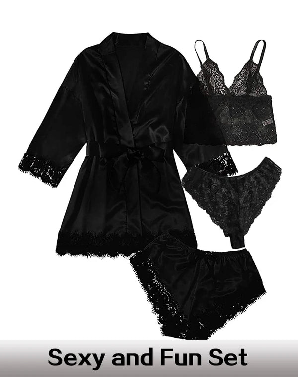 Summer 4 Piece Set of Women's Lace Underwear Paired with Pajama Waistband Outer Robesexy Pajama Lace Patchwork Home Pajama Set