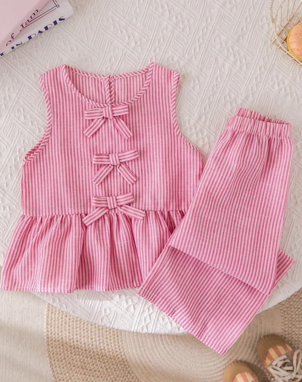 Summer Girls' Suits Pink vertical stripe Bow Sleeveless Vest Top+Pants Two-piece Set Sweet Kids' Clothing Sets