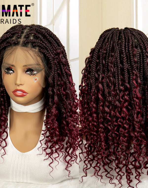14 Inches Short Burgundy Box Braided Wigs Full Lace Synthetic Boho Braids