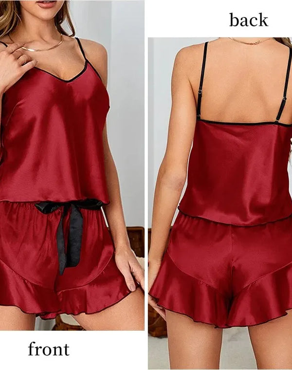 Summer Two-Piece Pajama Set for Women's Casual Sexy Sleeveless Suspender Top and Ruffled Shorts Pajama Set