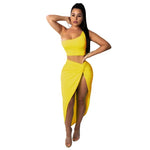 Summer Women Two Piece Set Sexy One Shoulder Sleeveless Crop Top and High Waist Side Slit Pleated Skirt Matching Lady Streetwear