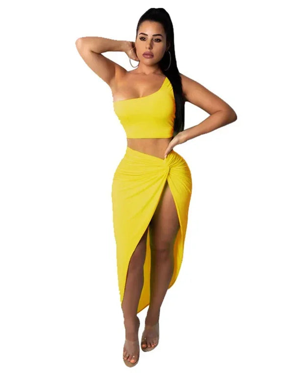 Summer Women Two Piece Set Sexy One Shoulder Sleeveless Crop Top and High Waist Side Slit Pleated Skirt Matching Lady Streetwear