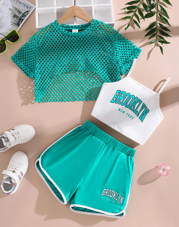 Summer girls' fashion 3-piece set, cool and breathable mesh short sleeved T-shirt+letter printed suspender+shorts