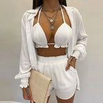 Summer women's sexy three piece set spring beach fashion shorts set sexy summer solid color printed three piece set women's