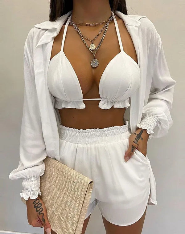 Summer women's sexy three piece set spring beach fashion shorts set sexy summer solid color printed three piece set women's