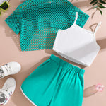 Summer girls' fashion 3-piece set, cool and breathable mesh short sleeved T-shirt+letter printed suspender+shorts
