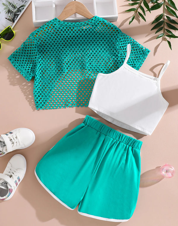 Summer girls' fashion 3-piece set, cool and breathable mesh short sleeved T-shirt+letter printed suspender+shorts