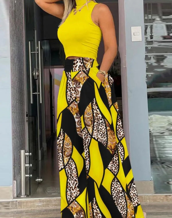 Summer Print Two Piece Set Women Fashion Casual Solid Sleeveless Tank Top Wide Leg Pants Two Piece Set Female Elegant Suit