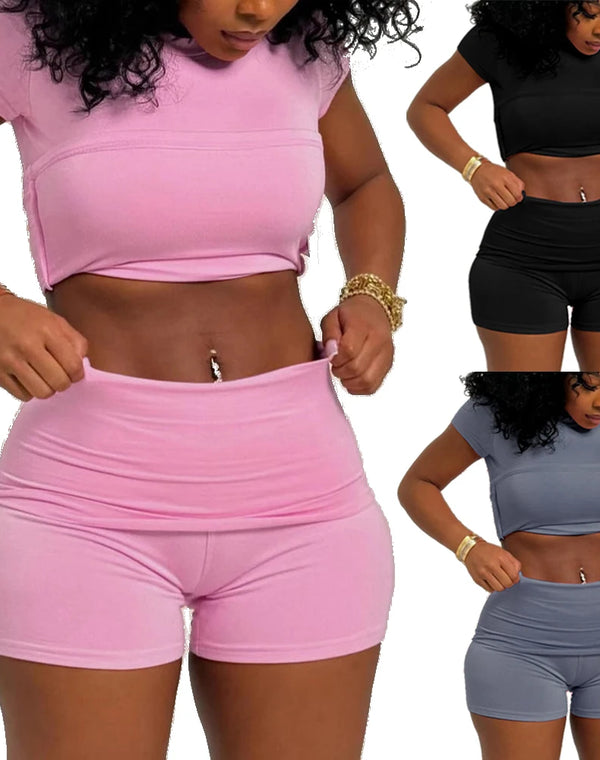 Summer 2 Piece Set Women's Tracksuit Solid Color Round Neck Short Sleeve Slim T-Shirt and Shorts Suit Sports Gym Two Piece Sets