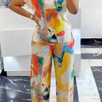 2 Piece Women Sets 2024 New Arrival Plus Size Summer Matching Sets Print Two Pieces Sets Top Pants Suits Outfits Clothing