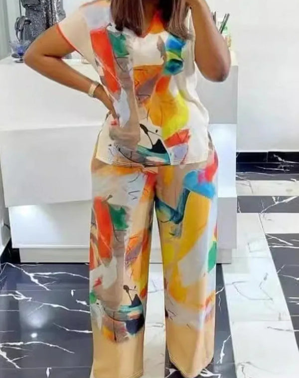 2 Piece Women Sets 2024 New Arrival Plus Size Summer Matching Sets Print Two Pieces Sets Top Pants Suits Outfits Clothing