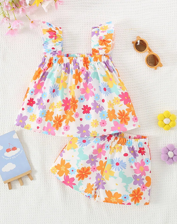 Two-Piece Summer Two-Piece Set For Girls Halter Top + Shorts Colorful Floral Print Casual Girls Set (Girls 0-2 Years Old)