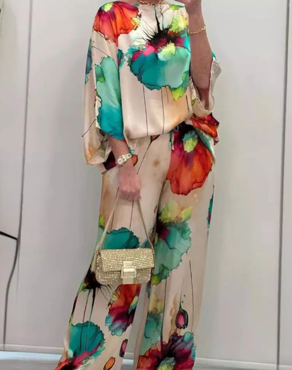 Summer Fashion Printed Satin Two Piece Sets Women Sexy Round Neck 3/4 Sleeved Top + Wide Leg Long Pants Casual Two Piece Set