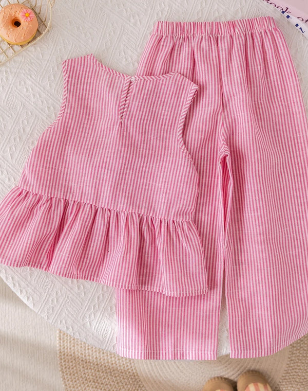 Summer Girls' Suits Pink vertical stripe Bow Sleeveless Vest Top+Pants Two-piece Set Sweet Kids' Clothing Sets